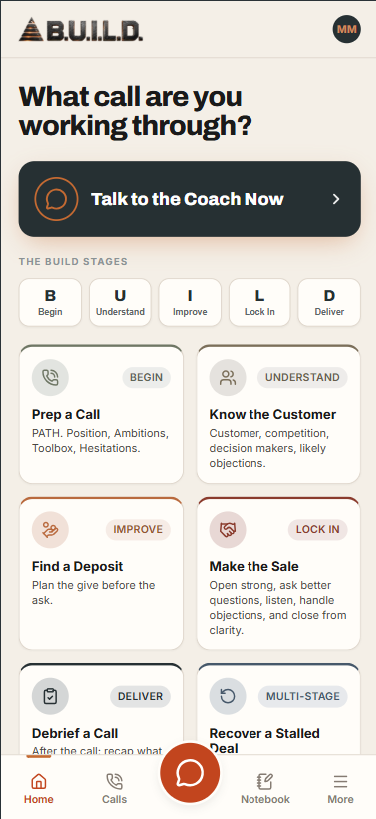 BUILD call preparation screen showing the five coaching stages